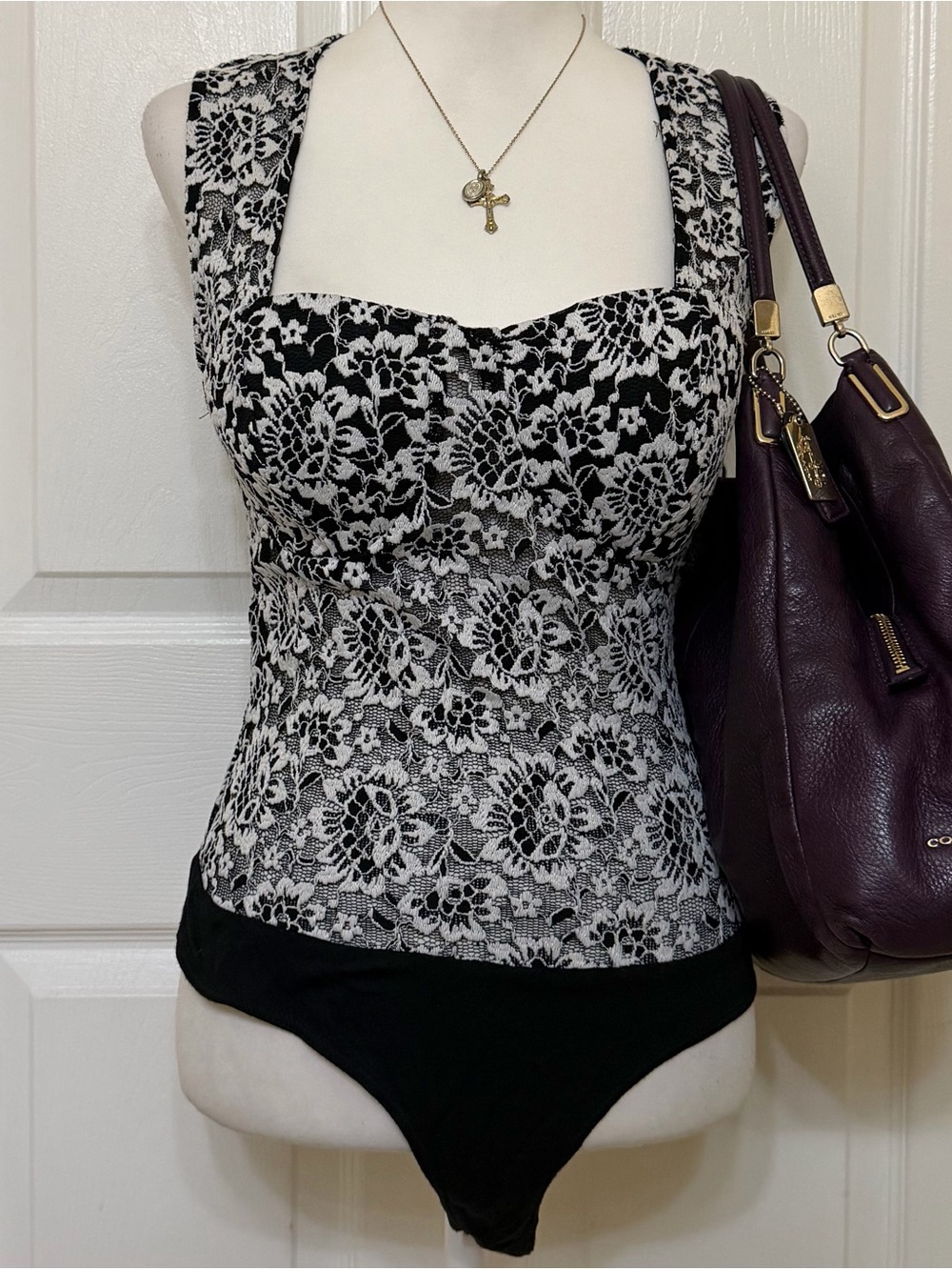 2000s style gothic whimsical bebe black & white floral lace bodysuit